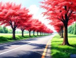 公路边绿化树红色的花