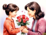 情人节女儿送花给妈妈