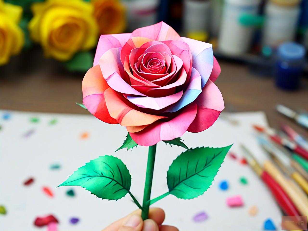 彩纸手工玫瑰花的制作