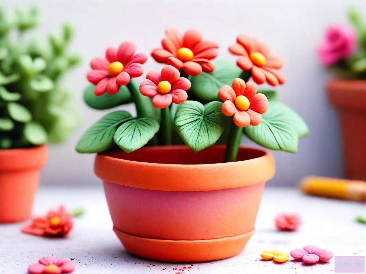 粘土手工花盆跟花制作